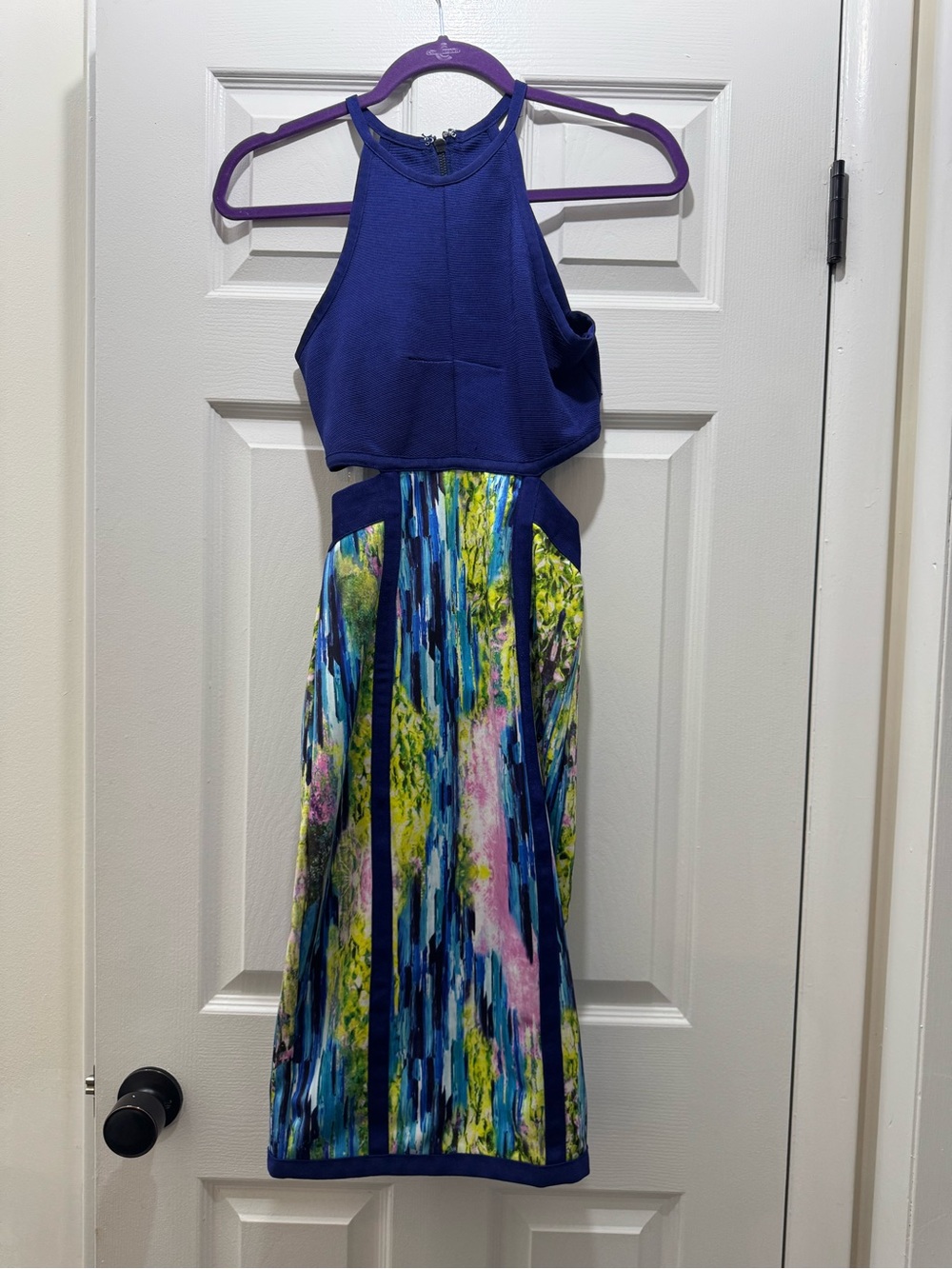 Wow Couturea Sleeveless Blue Halter Dress with Abstract Print